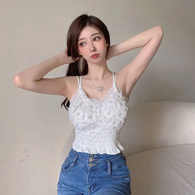 Summer Woman Clothes y2k Tops French Diamond Appliqué Camisole Bottoming Shirt Lace Crop Top Women\'s Folds Spaghetti Strap Tops