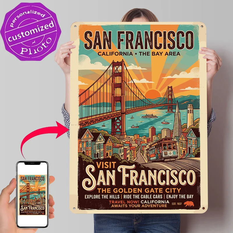 San Francisco Travel 3D Texture Metal Poster Customized Wall Art Tin Sign Gift for Mancave Wand Deko Bathroom Decor Room House