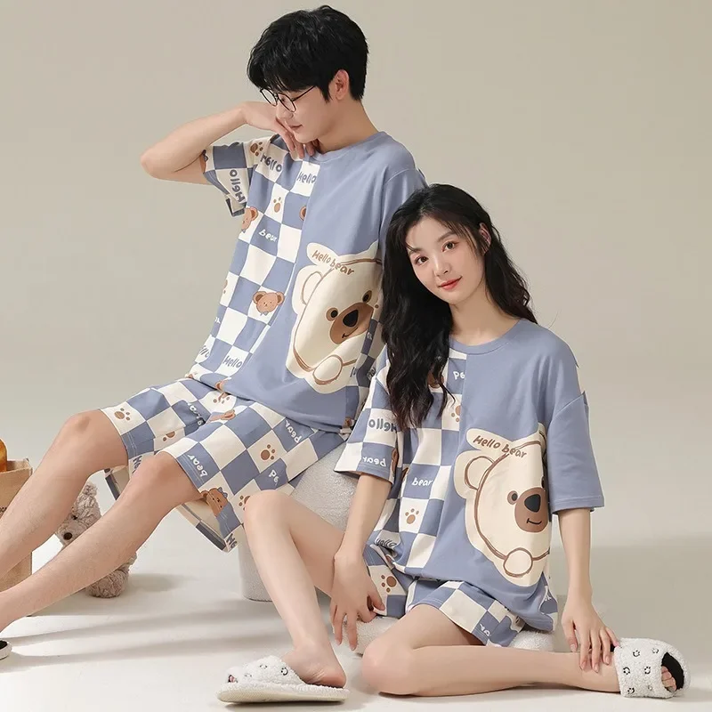 Summer Couple Pajamas 2pcs Short Sleeve Top Shorts Cartoon Print Pajama Sets Loungewear Loose Sleepwear Cute Home Wear Underwear