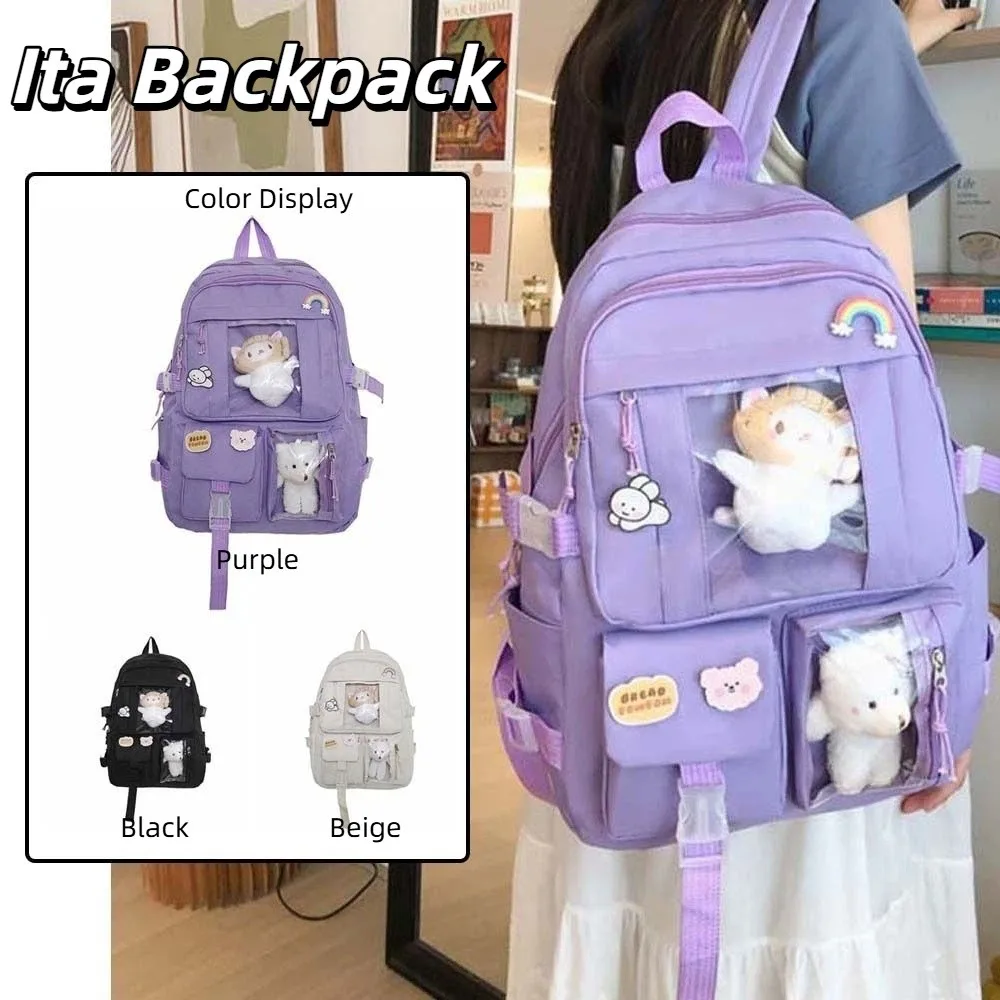 Solid Color Nylon Ita Backpack Dust-proof with Cartoon Pins Students School Bag Scratch Prevention Polyester