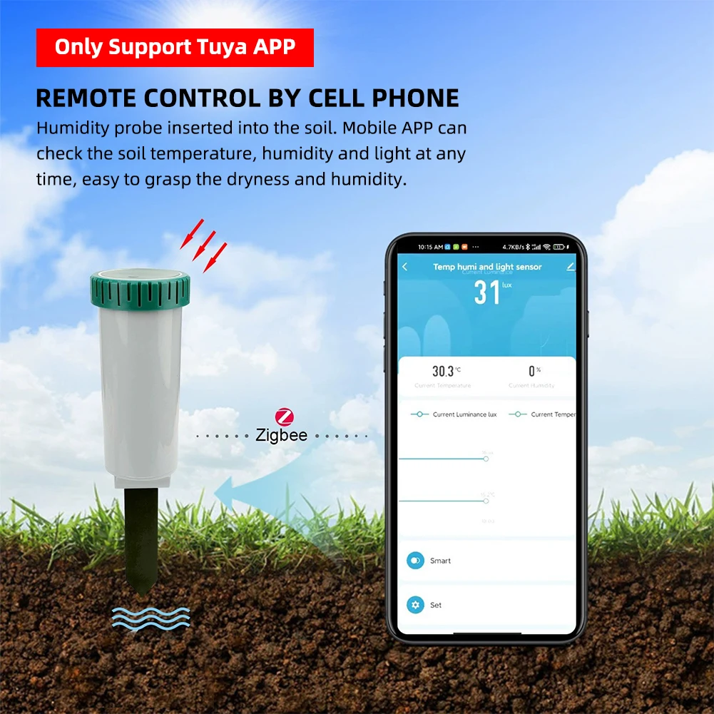 Zigbee Smart 4 in 1 Soil Tester Sunlight/Temp/Moisture Meter Earth Humidity Sensor Remote Control Monitor for Gardening Outdoor