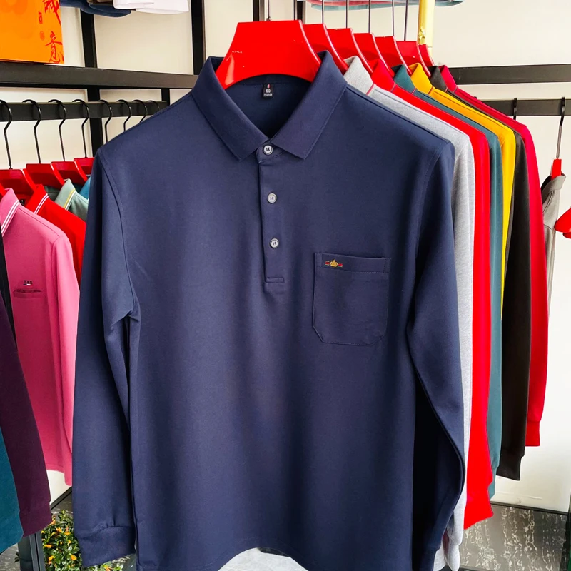 الراقية الاتجاه العلامة التجارية الرجال قميص بولو طويل الأكمام بسيط بلون الجلد ودية الراحة تاج مطرزة جيب تي شيرت جديد #6