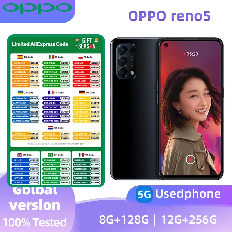 OPPO reno5 5G Mobile Phone Android CPU Qualcomm Snapdragon 765G  6.43inches Screen RAM 12G ROM 256G 4300mAh Battery used phone