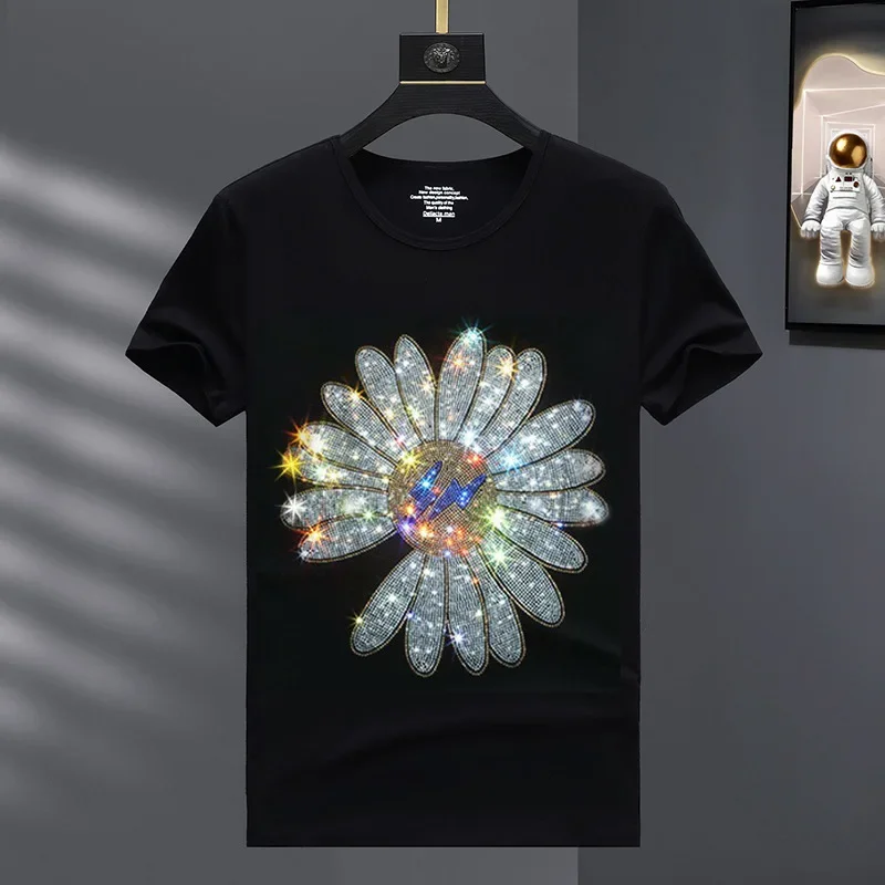 

Plus Size 8XL Fashion Rhinestones T Shirts Men Summer Casual Streetwear Short Sleeve O Neck Slim T-shirt Man Camisetas De Hombre