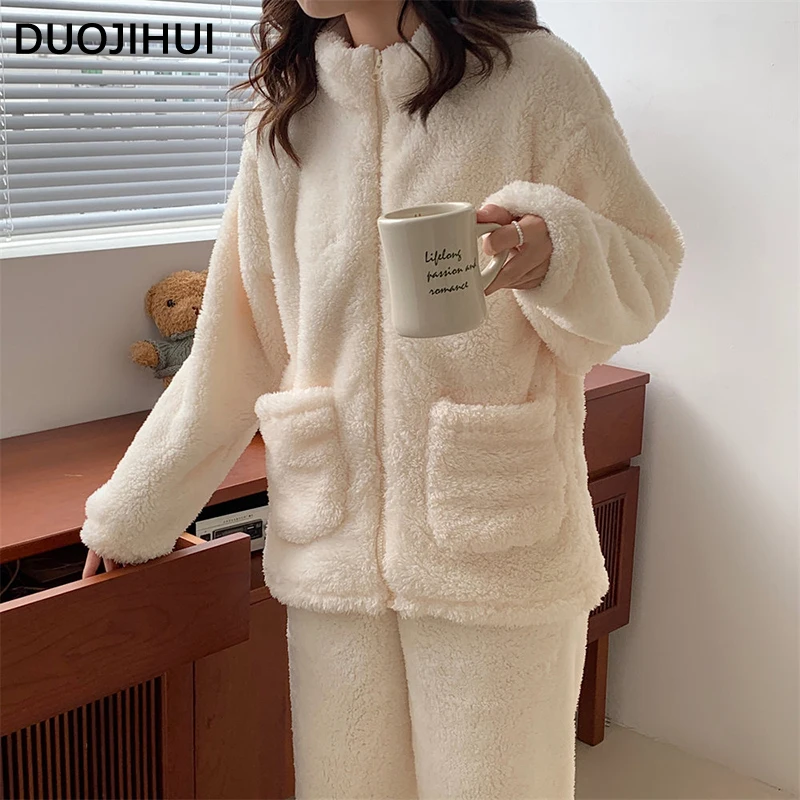 DUOJIHUI Two Piece Korean Women's Pajamas Set Winter Flannel Zipper Top Loose Casual Pant Fashion Solid Color Female Pajamas Set