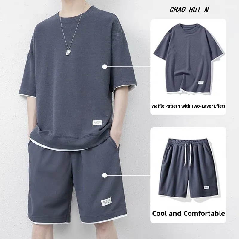 

Casual Ice Silk ort Sve T-irt Men's Large Size Sports Set Summer Leisure Ensemble for Young Men with Five-Quarter Pants