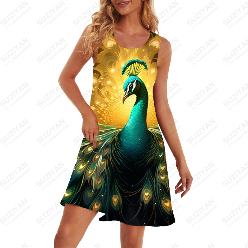 Peacock 3D Printed Dress Summer High Quality Street Fashion Dress Casual Sleeveless Dress Women's Classic Round Neck Dress