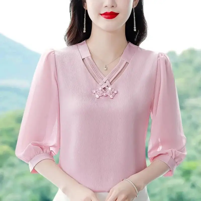 Chemise en mousseline de soie à col en V pour femmes, haut à manches 2024, pulls polyvalents, chemisier en mousseline de soie, document solide,