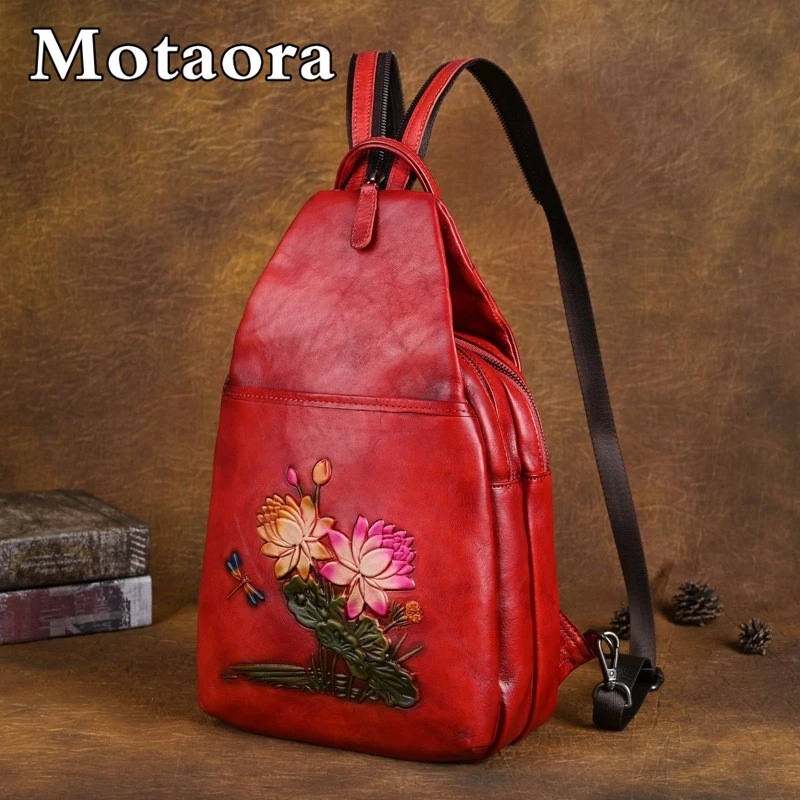 MOTAORA Retro Cowhide Embossed Backpacks For Women Shoulder Bag Genuine Leather Feminina Travel Backpack Luxury Female Bags 2024