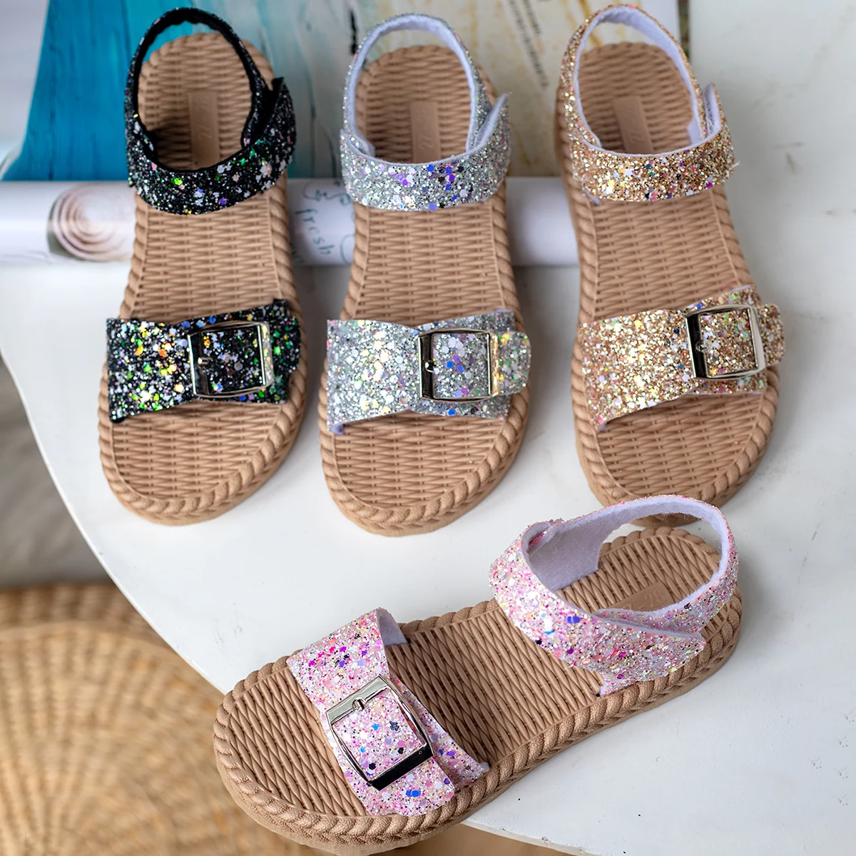 Summer Children's Fashion Trend Anti-slip Wear-resistant Pure Black Belt Soft Soled Beach Low Heels Sandals