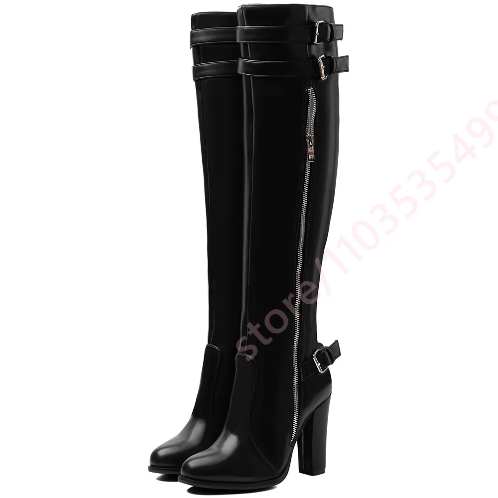 Women Black Over‑the‑Knee Boots Round Toe Multi‑Buckle Strap Outer Zipper Chunky Block Heel Punk Street Party Fashion Tall Boots