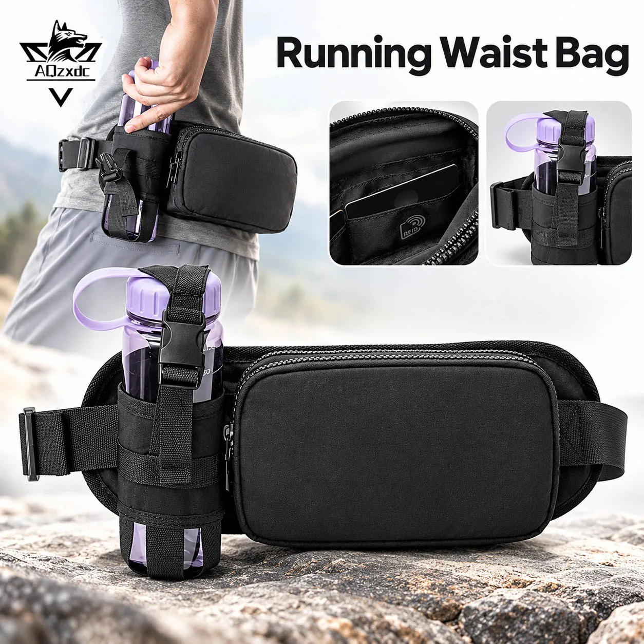 Running Waist Bag with Adjustable Elastic Nylon Belt, Phone Pouch and Water Bottle Holder for Men Women Jogging Hiking Cycling