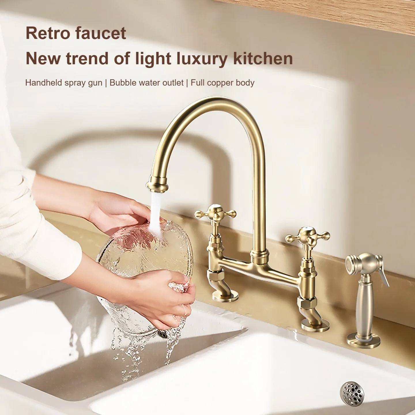 Retro Dual Hole Bridge Type Full Copper Kitchen Faucet Ceramic Dual Handle 360 ° Rotating Sink Faucet With Spray Gun Set
