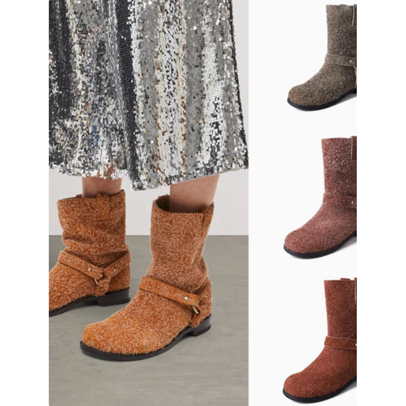 

Snow Frosted Suede Metal Buckle Round Toe Flat Short Boots Woman Winter 2024 Brown Slip-On Mid-Calf Boots Retro Western Boots