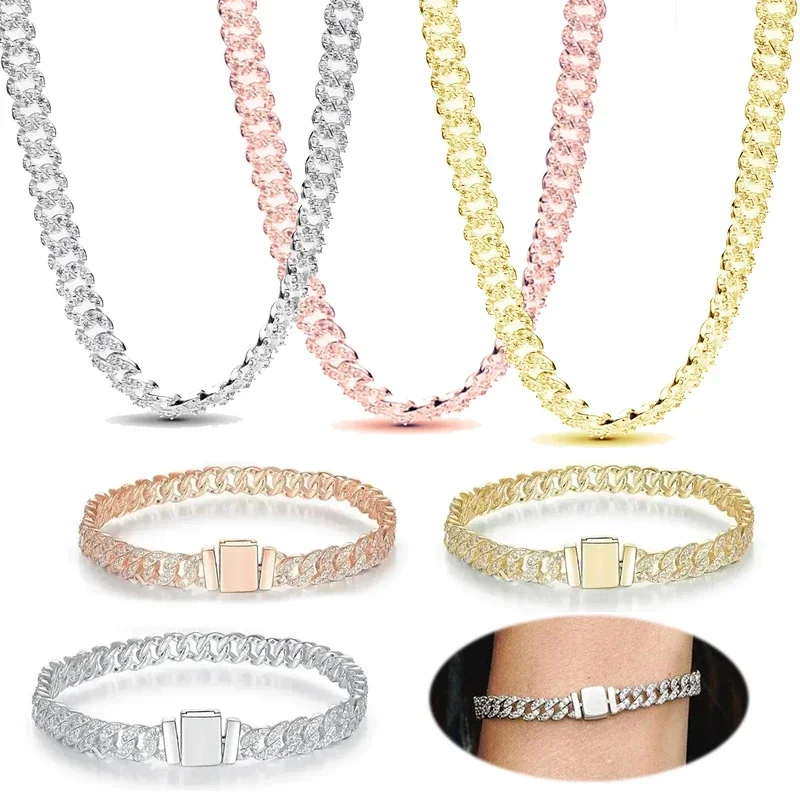 

2025 new 925 sterling silver high quality light luxury bracelet female neutral simple fashion all-matching Cuban necklace set