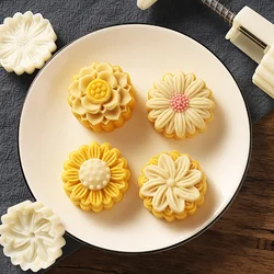 Flowers Moon Cake Mold Set, 1 Mold And 4 Stamps,DIY Hand Press Mung Bean Cake,Mid Autumn Festival Pastry Molds, Cookie cutting