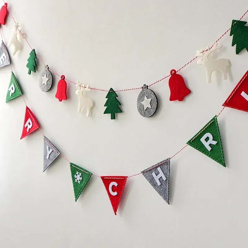 Christmas Banner Garland Wool Felt Triangle Merry Christmas Decor for Home Navidad Decorations New Year Party Supplies