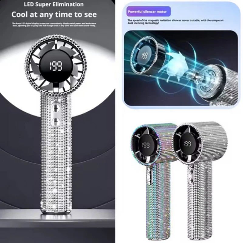 

Модный портативный высокоскоростной вентилятор с полным алмазным декором, цифровым дисплеем, 199 скоростей, турбо-режим, 3 режима работы, для улицы