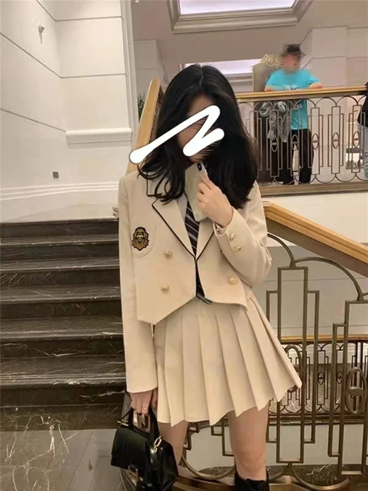 Preppy JK Uniform Suits Women Pleated Skirts Ladies Suits Cropped Jackets Skirt Solid Blouse 3 Pieces Sets Spring Korean Clothes