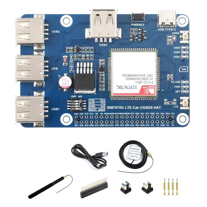 New Arrivals-Based On SIM7670G Module, GNSS HAT For Raspberry Pi Cat-1, Global Multi-Band LTE 4G Cat-1 Support, GNSS, 3X USB 2.0