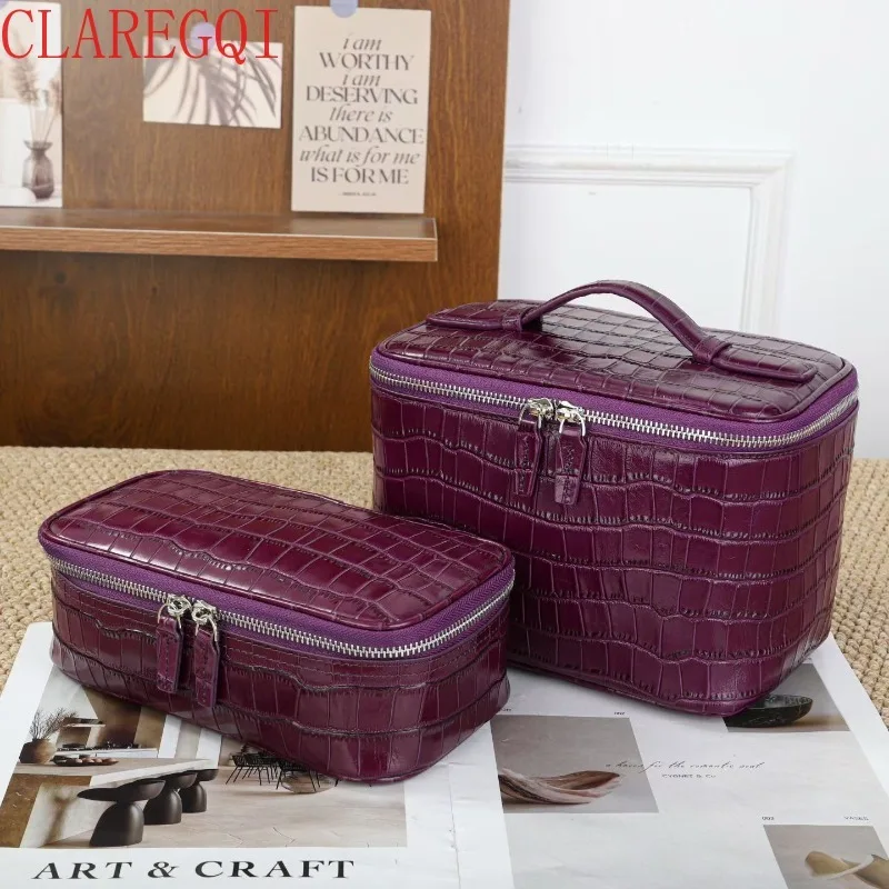 Hot Style Crocodile Pattern Makeup Organizer Bag The First Layer Of Cowhide Makeup Bags  Portable Large Capacity Skincare Bag
