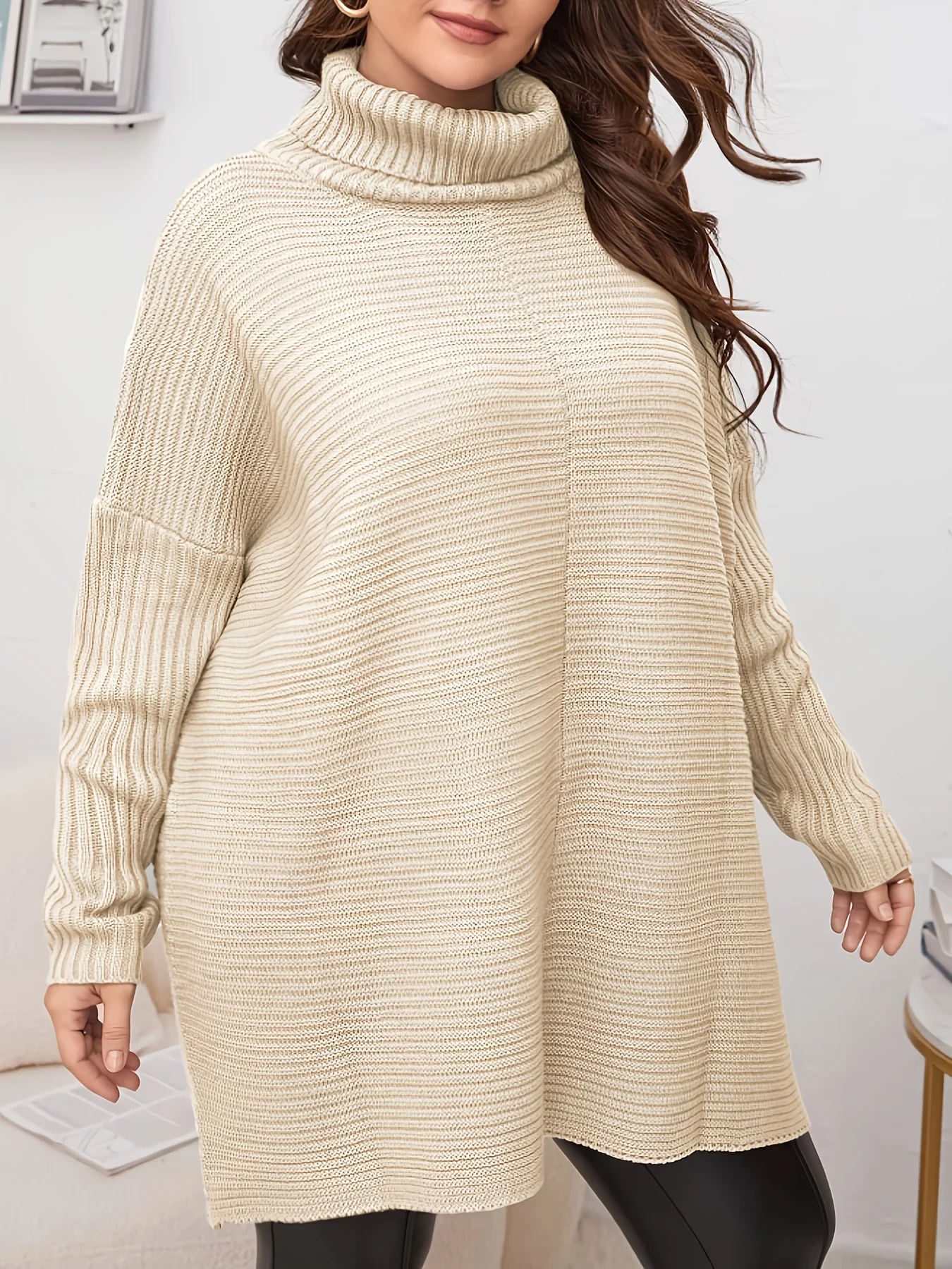 Plus Size Women's Turtleneck Sweater Dress – Chunky Ribbed Knit Loose Fit Jumper for Fall Winter view 3