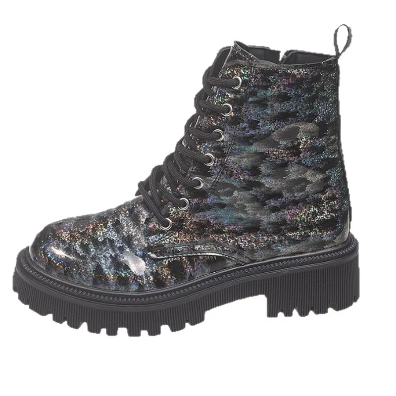 Lente Herfst Mode Nieuwe Retro Hoge Top Lace Up Korte Dameslaarzen Met Pailletten Geschilderd Dikke Zool Gebakken Straat Dameslaarzen