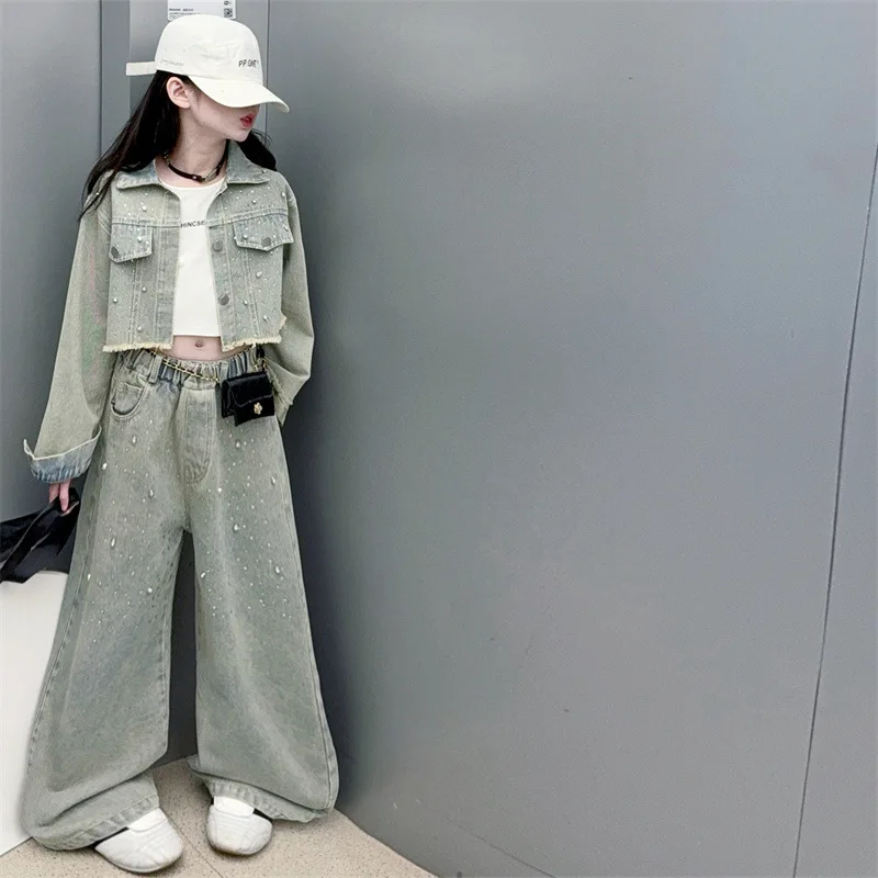 Autumn Teen Girls Shiny Denim Suit Hot Pressed Cowboy Jacket+Wide Leg Jeans 2pcs Junior Child Kid Pants Clothes Set Outfits 4-14