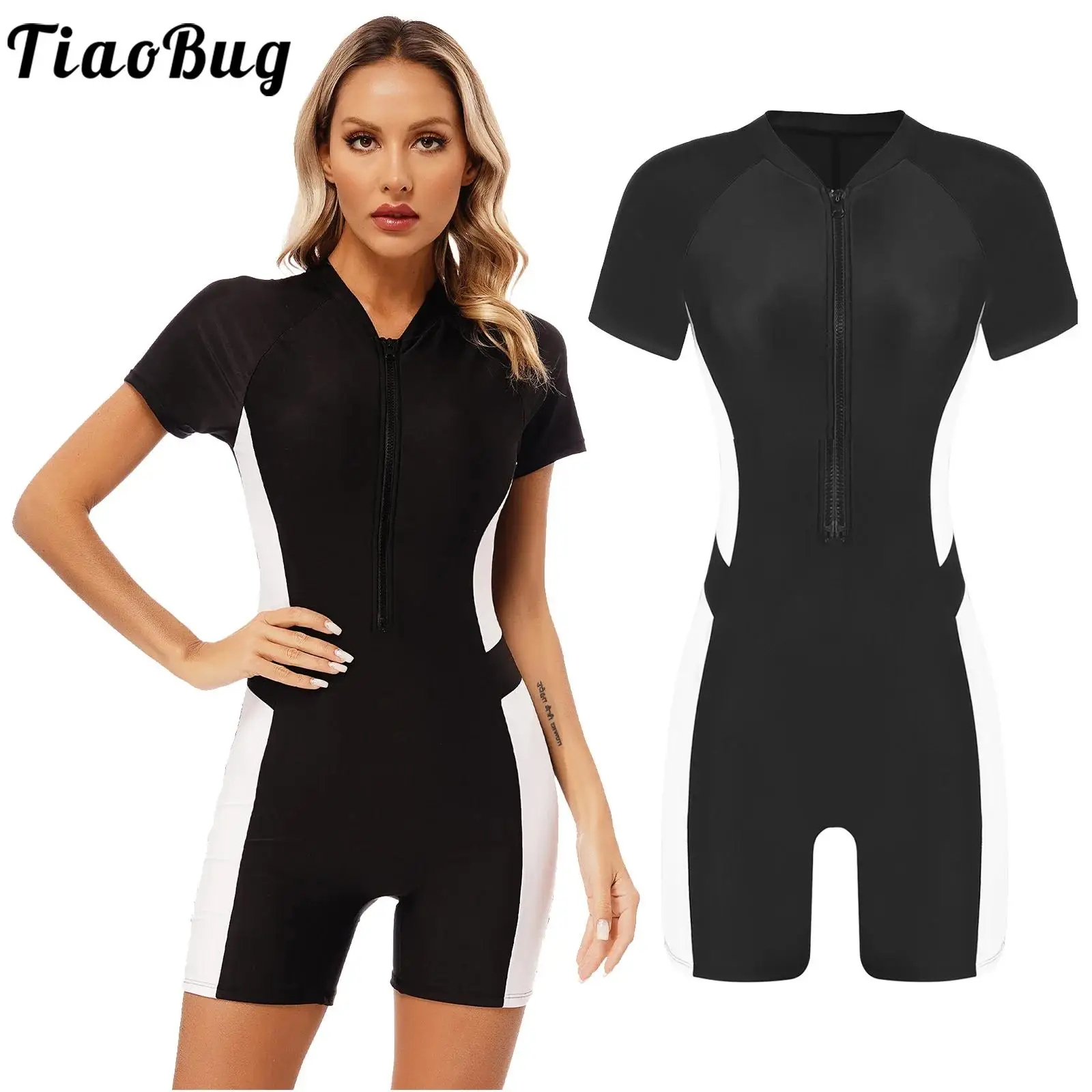 

Women One-pieceTraining Bathing Surf Suits Boyleg Athletic Swimsuit Short Sleeve Patchwork Front Zipper Conservative Swimwear