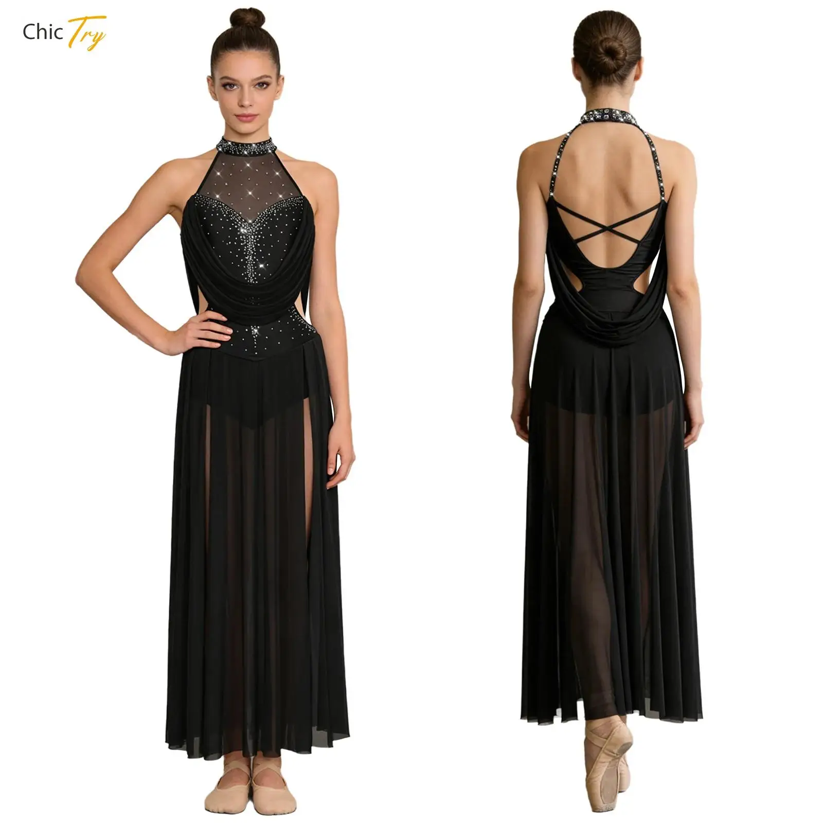 

Women Lyrical Dance Costume Halter Sleeveless Rhinestones Leotard Backless Modern Contemporary Ballet Mesh Split Long Dresses