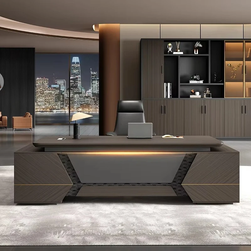 

Modern Executive Office Desk Set with Chair, L Shaped LED Boss Table & Cabinet