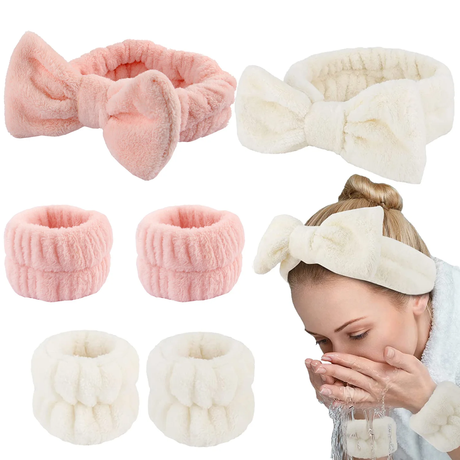 Waterproof Headband and Wristband Set for Face Washing Prevent Water Stains Soft Adjustable Bow Hairband for Skincare Makeup