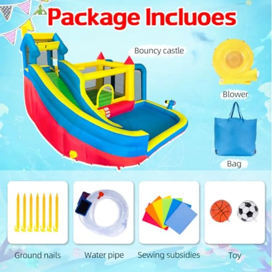 Casa gonfiabile per rimbalzo con scivolo d'acqua per cortile Parco gonfiabile gonfiabile 10 in 1 con parete da arrampicata Tiro al calcio Tramp da salto