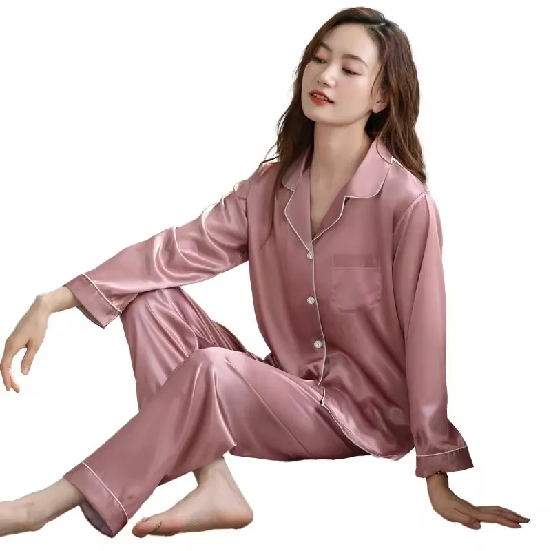 Pijama de manga larga para mujer, ropa de dormir de imitación de seda, informal, Simple, Color sólido