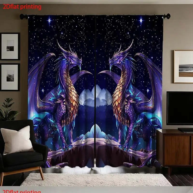 2pcs Dragon Curtains Cosmic Galaxy Print Fantasy Window Drapes For Bedroom Living Room Royal Mystic Night Sky Decor