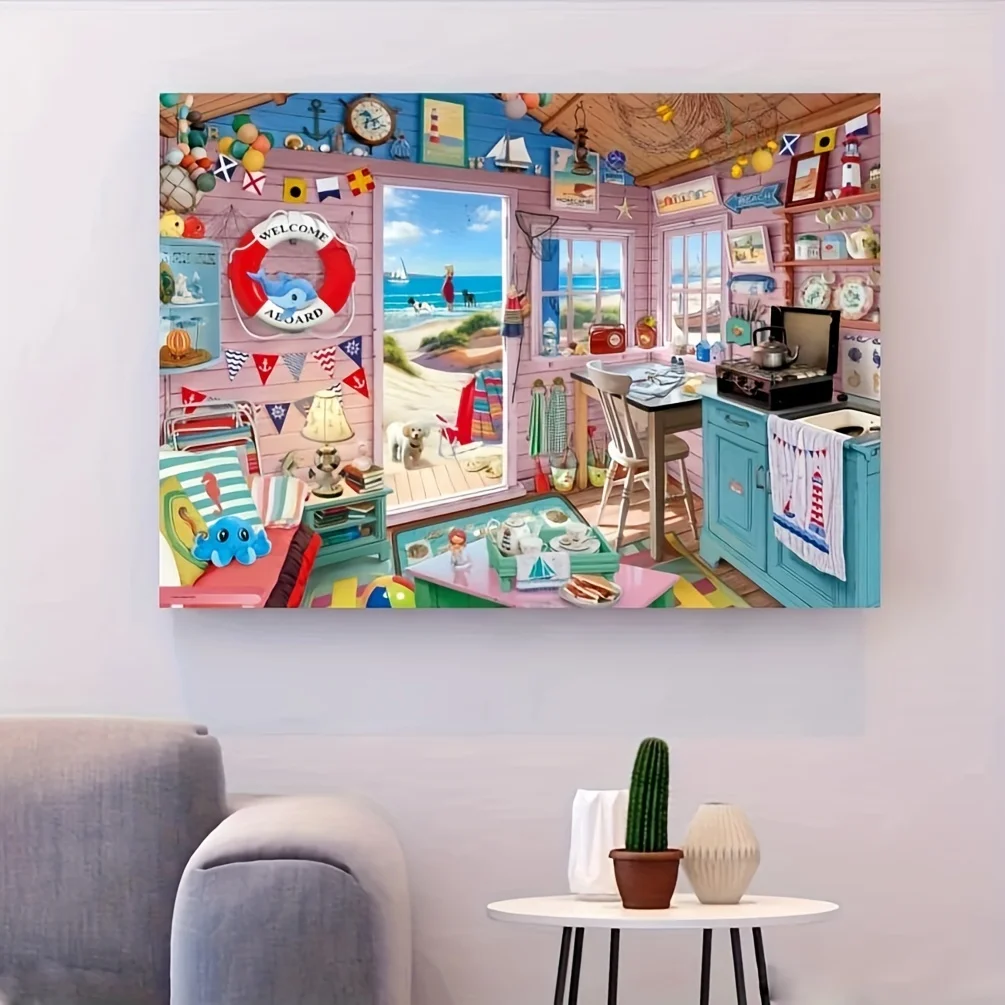 

1000pcs DIY Beach Grocery Store Jigsaw Puzzle - Thick & Durable White Cardboard, Seamless Fit Adult Puzzle for Family Fun, 19.