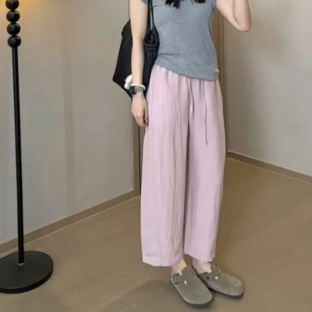 Loose Wide Leg Pants Women Summer New Fashion Simple Elegance Casual Slim Straight Nine Points Trendy Tasseline Ice Silk