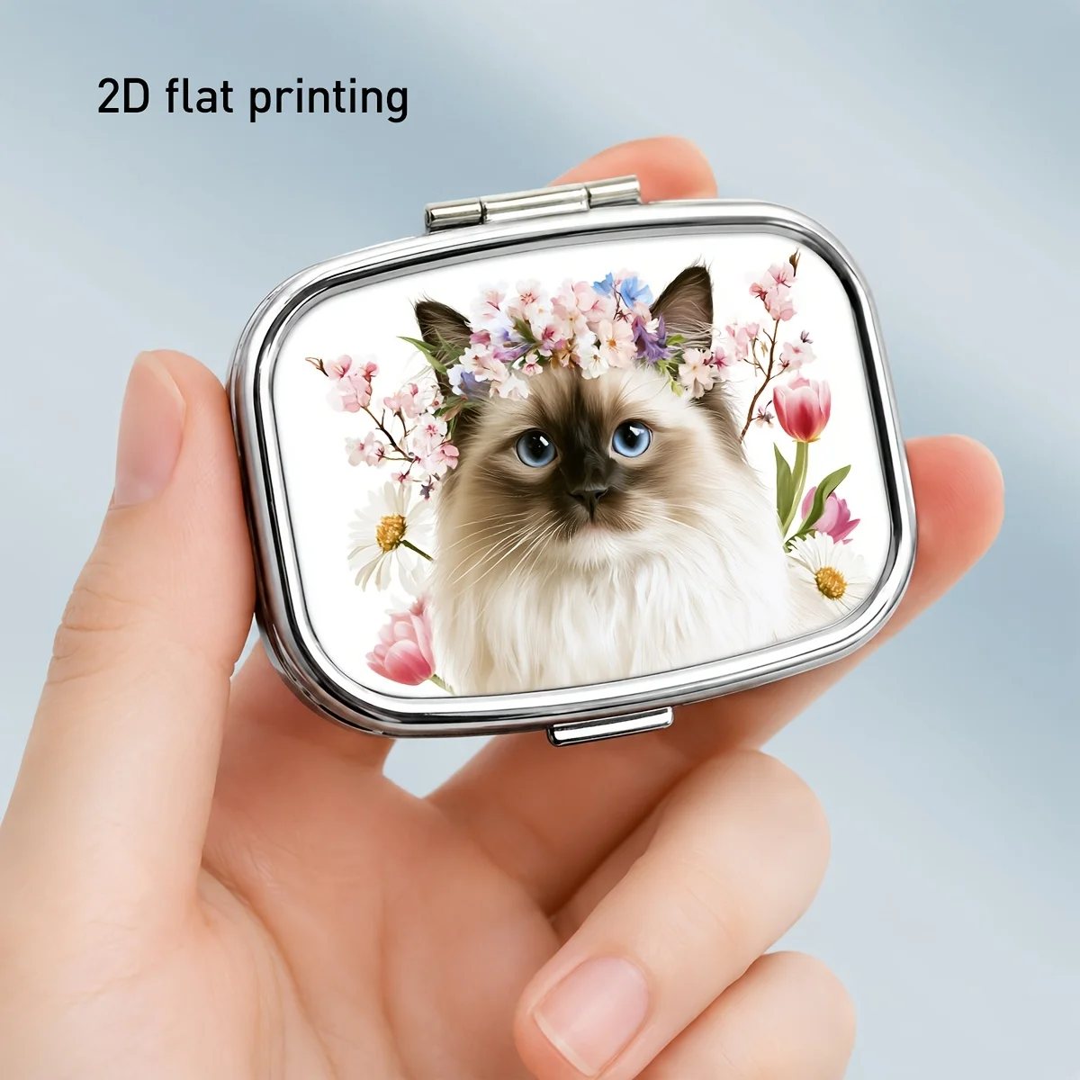 Elegant Square Metal Pill Box with Cherry Blossom Long-Haired Cat Pattern, Two-Compartment Portable Storage Box, Divided Storage for Medicines, Vitamins, and Accessories, Suitable for Travel, Home, Outdoor Use, Durable Gift Item