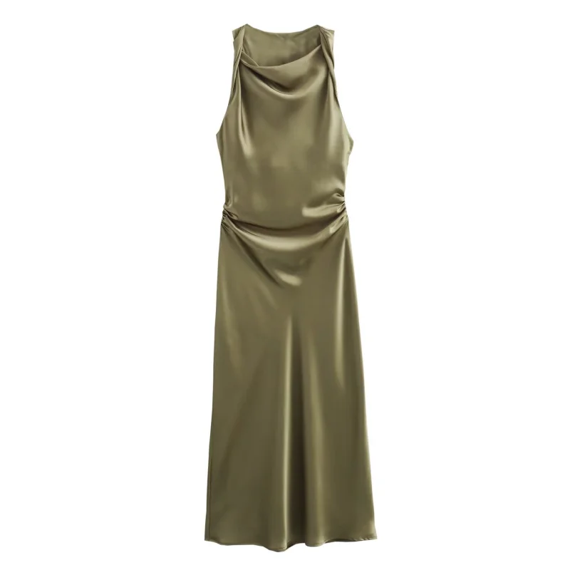 ETJ 2026 Elegantes Satin-Slip-Kleid für Damen Ärmellos mit Wasserfallausschnitt Figurbetontes Midikleid Vintage-Chic Partykleid Robe Femme Bekleidung – Detail 11