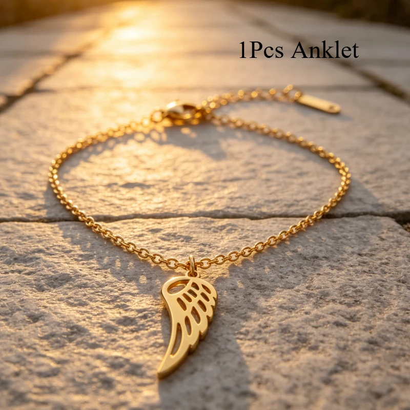1Pcs anklet - cross chain + stretch long feather model, stainless steel Golden Silvery anklet, anti-fading, light luxury fashion