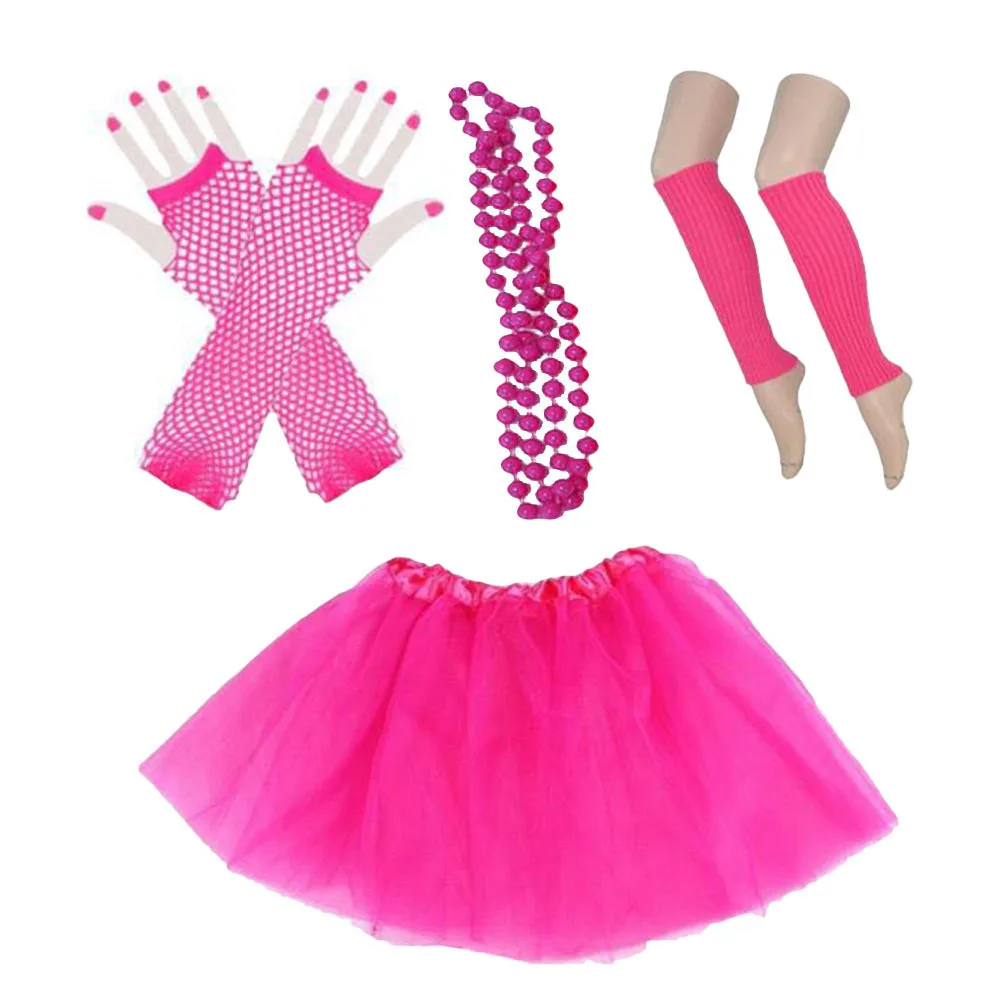 

80s Party Dress Accessories Lace Fingerless Gloves Leg Warmers Neon Bead Necklace Tutu Skirt 80s Party Costume Set