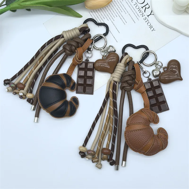 DIY Croissant Luggage Pendants High-quality Leather Keychain Fashion Braided Rope Pendant Versatile Phone Case Bag Pendants