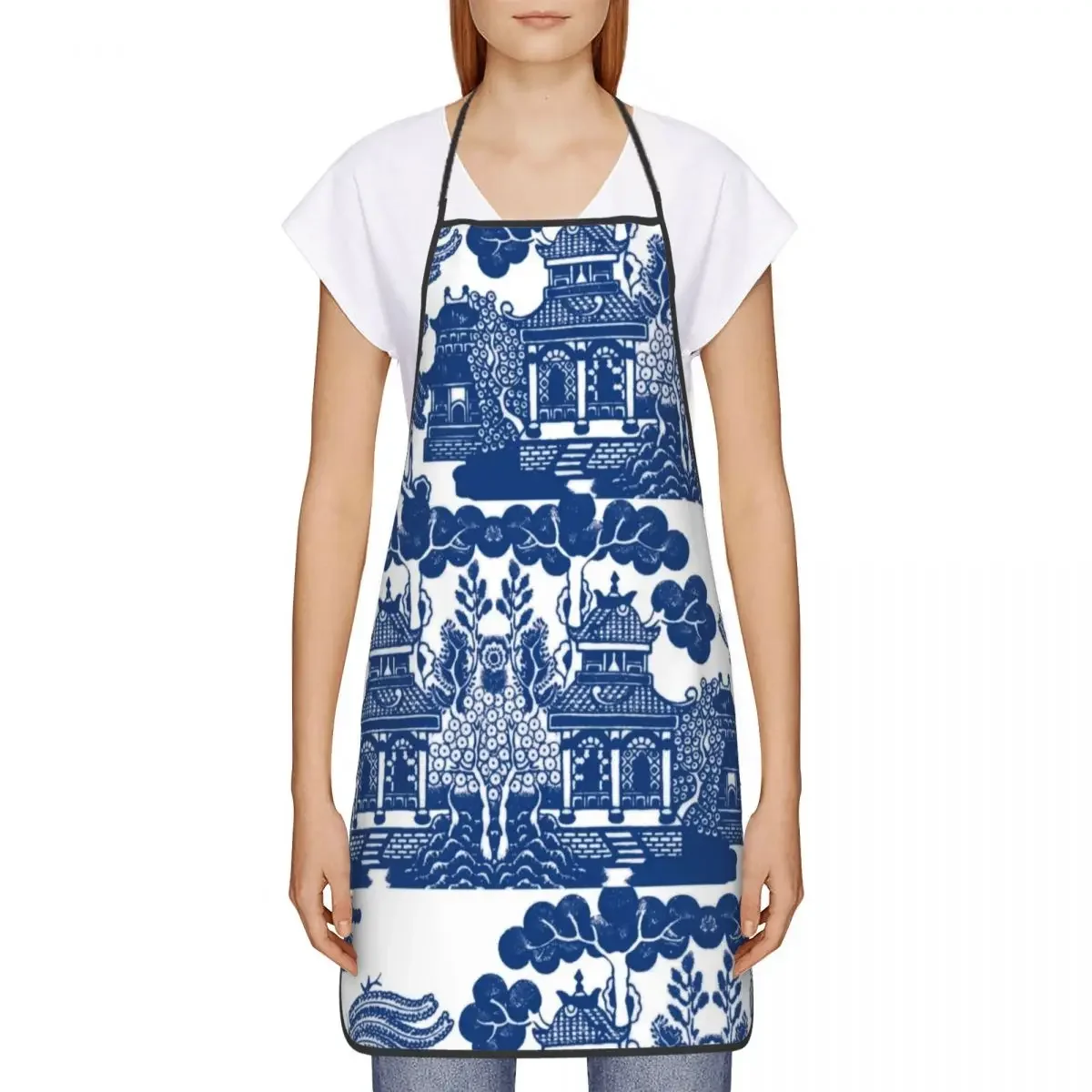 Blue Willow Chinoiserie Blue And White Porcelain Inspiration Apron for Women Men Unisex Bib Kitchen Cooking Tablier Cuisine Chef