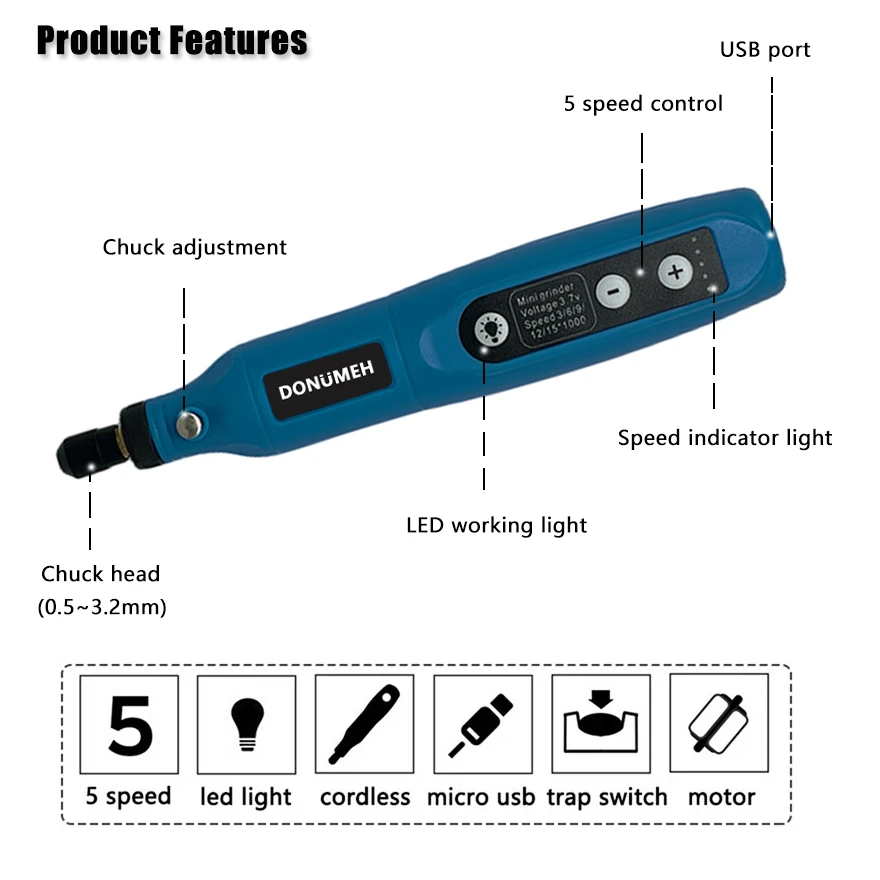 DONUMEH Cordless Electric Grinder Electric Drill 5-Speed Adjustable USB Rechargeable Engraving Pen Cutting Polishing Drilling