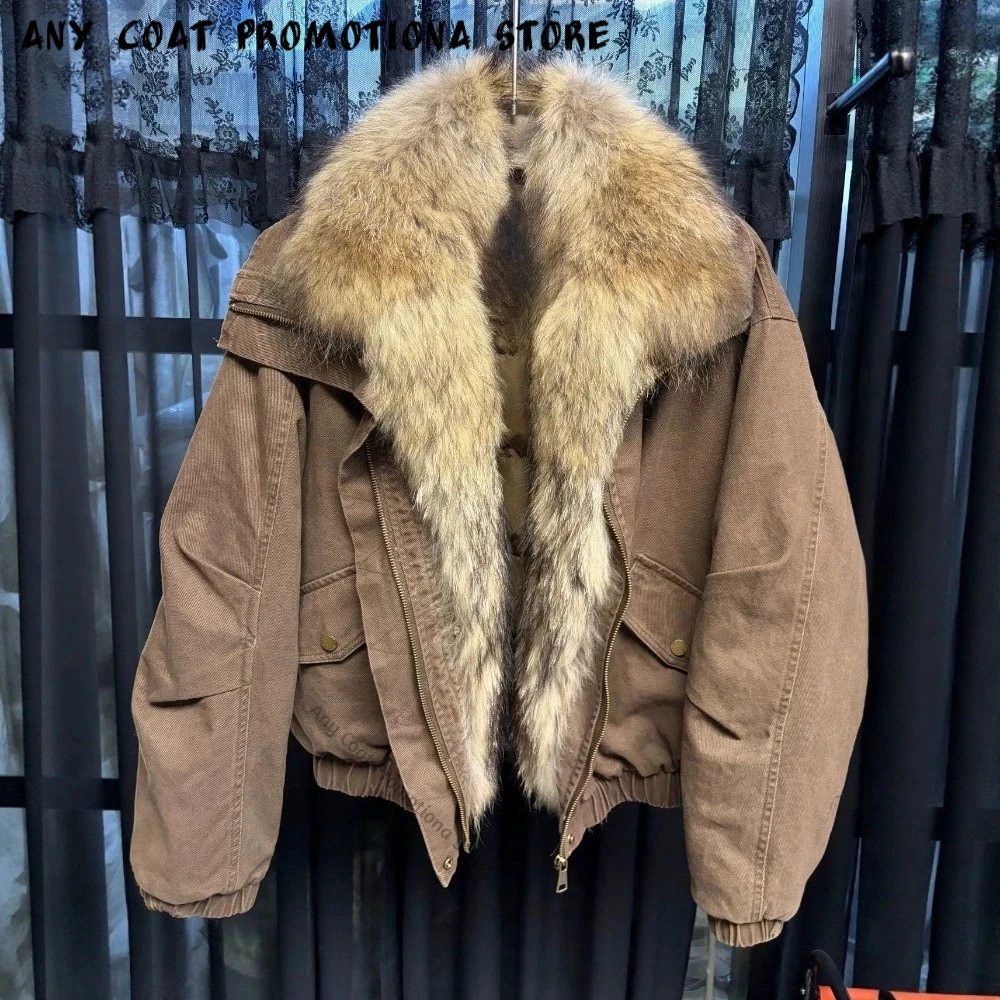 Women Short Goose Down Puffer Jacket Stylish Faux Fur Ornament Full‑Zip Thermal Warm Coat Versatile Transitional Women Outerwear
