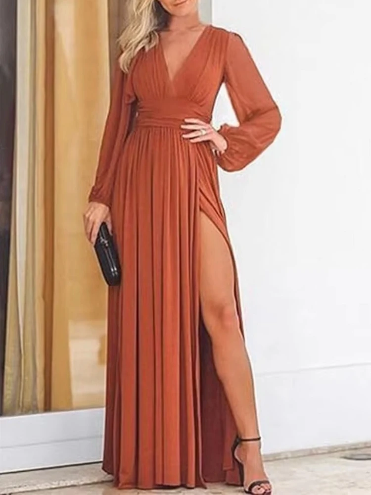 Abiti da sera con scollo a V in chiffon a maniche lunghe Abito con spacco laterale con pieghe Squisiti abiti da ballo di alta qualità per le donne personalizzati