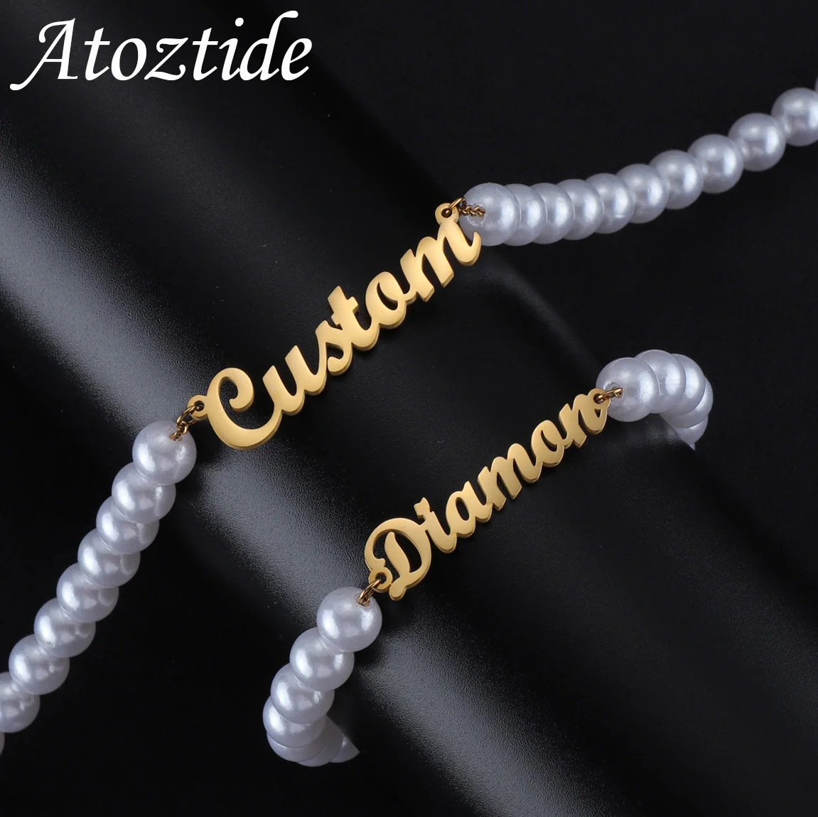 Atoztide Personalized Custom Name Necklace Bracelet Jewelry Set Imitation Pearl Chain Stainless Steel For Women Birthday Gift