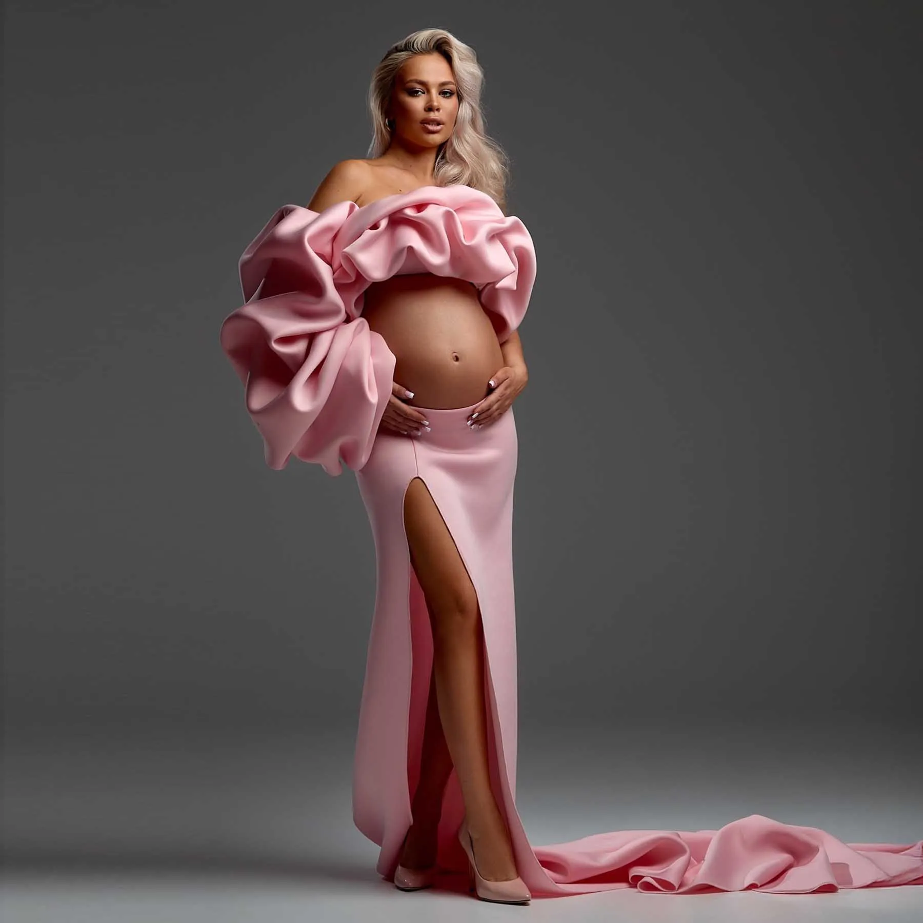 

Розовое платье для фотосессии беременных, 3 предмета, с рюшами, из эластичного атласа, платье для беременных