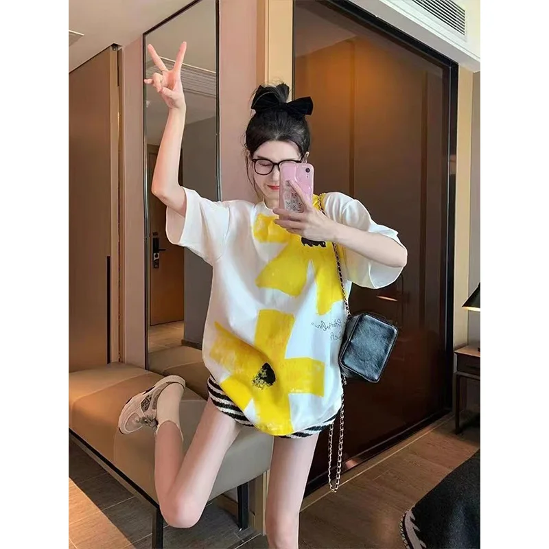 

Summer New Pure Cotton Fashion Floral Printing T-Shirt Women Clothing Casual Loose Y2K O-neck Short Sleeve Tops