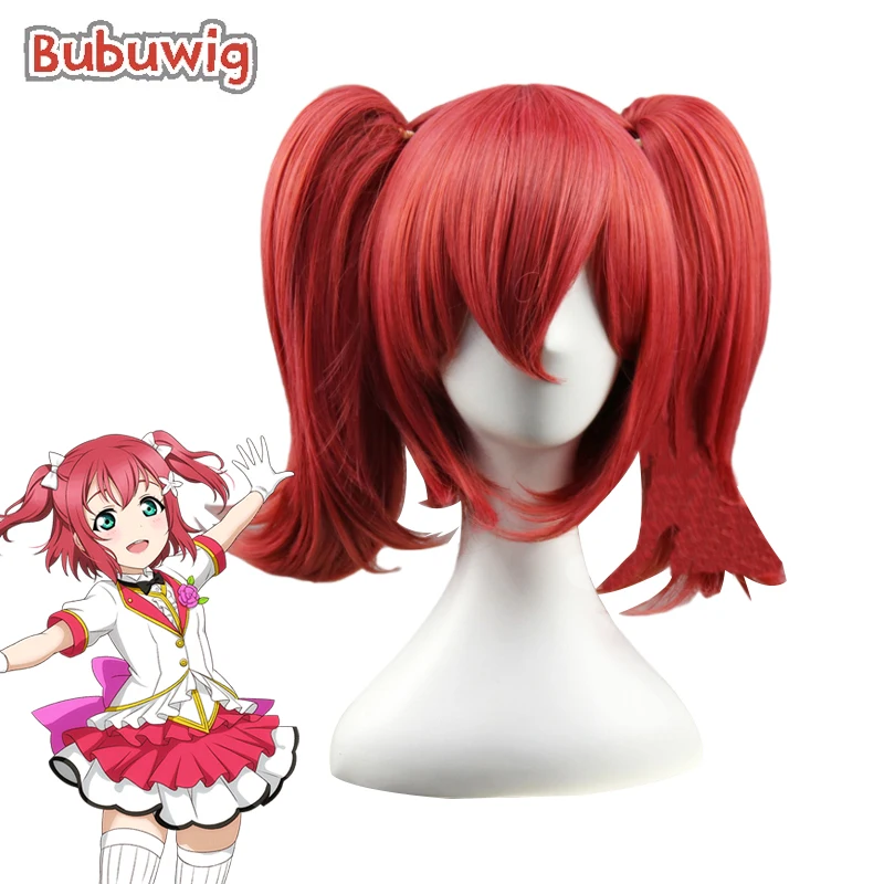 Cabelo Sintético Bubuwig Lovelive! Ruby Kurosawa Peruca de rabo de cavalo vermelho 35 cm médio longo reto perucas de festa cosplay resistentes ao calor